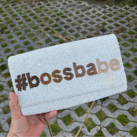 White Beaded BossBabe Clutch with Gold Chain - Picture 1 of 10